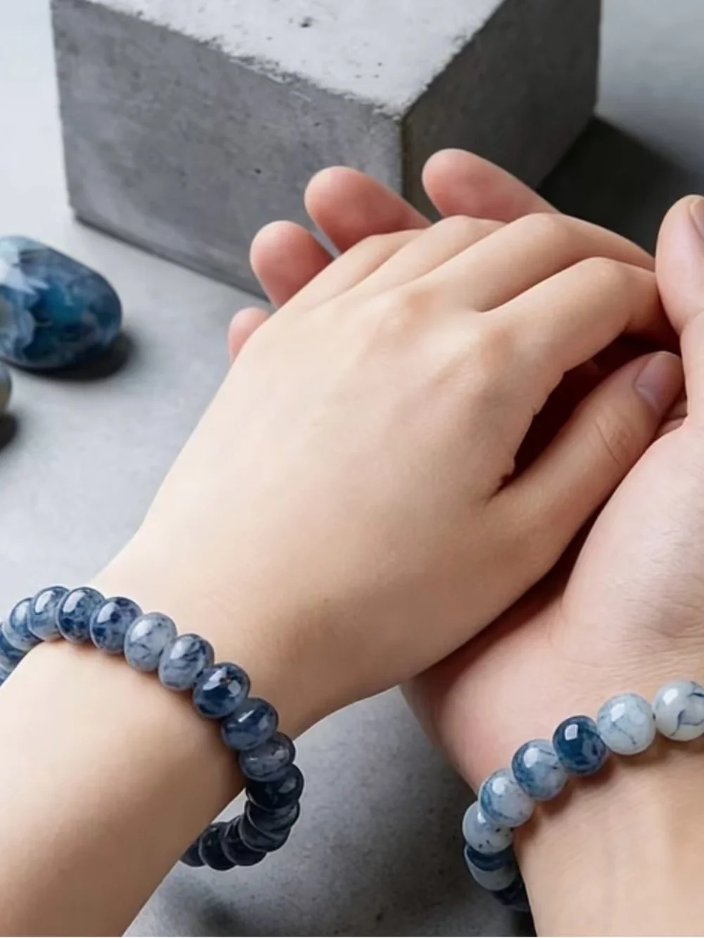 Blue Marbled Stone Bead Stretch Bracelet for Women